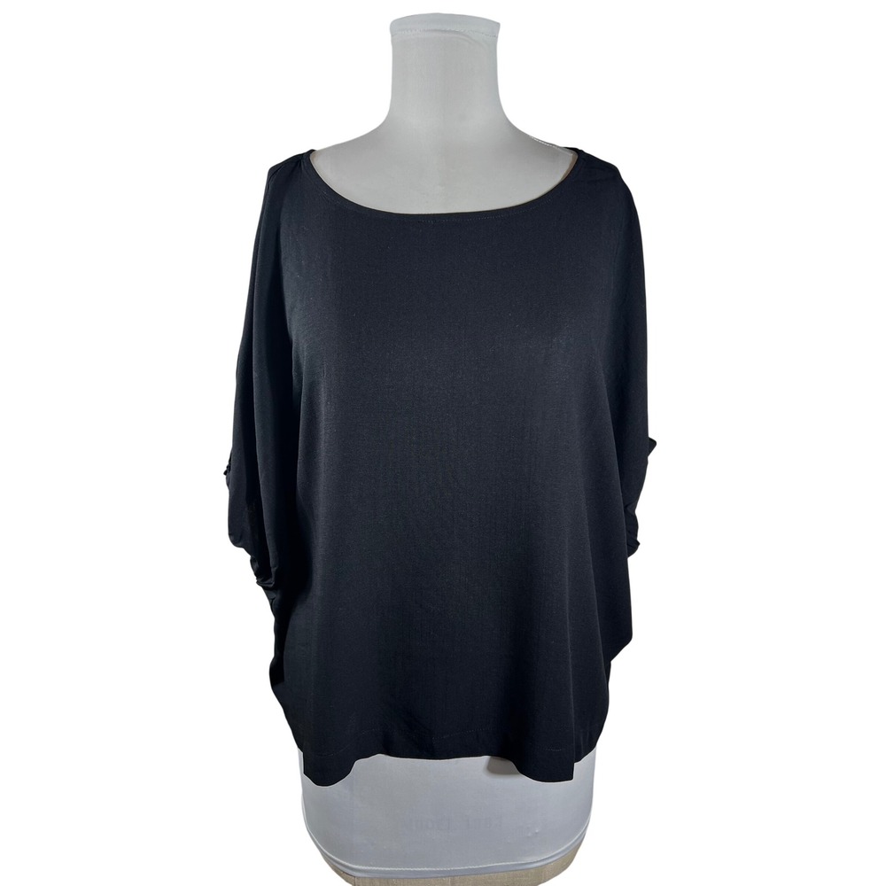 Zenana Dolman Sleeve Ruched Blouse Black Rayon Boat Neck‎ Boxy Oversized Medium